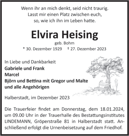 Traueranzeige von Elvira Heising von Volksstimme Halberstadt