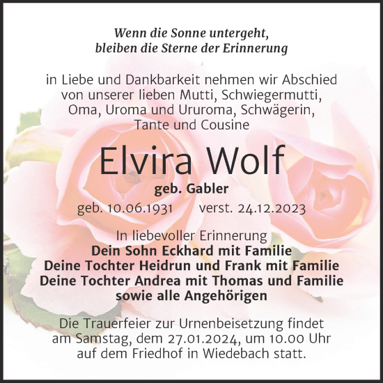 Traueranzeige von Elvira Wolf von Trauerkombi Weißenfels