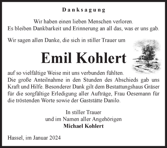 Traueranzeige von Emil Kohlert von Volksstimme Altmark Ost