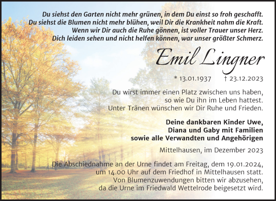 Traueranzeige von Emil Lingner von Trauerkombi Sangerhausen