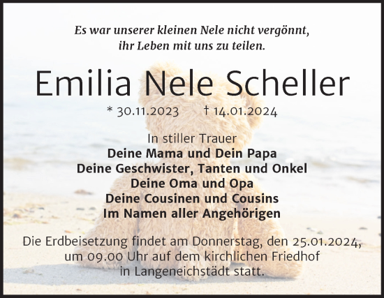 Traueranzeige von Emilia Nele Scheller von Trauerkombi Merseburg