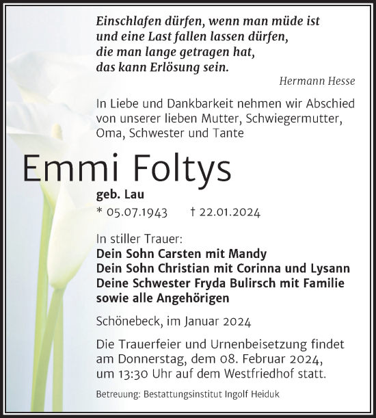 Traueranzeige von Emmi Foltys von Volksstimme Schönebeck