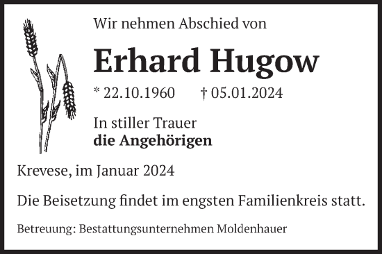 Traueranzeige von Erhard Hugow von Volksstimme Altmark Ost
