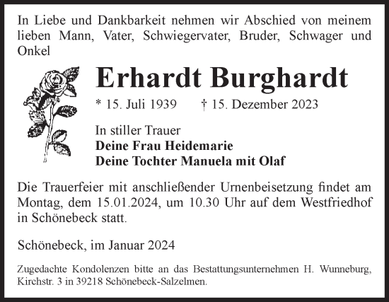 Traueranzeige von Erhardt Burghardt von Volksstimme Schönebeck