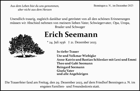 Traueranzeige von Erich Seemann von Trauerkombi Weißenfels