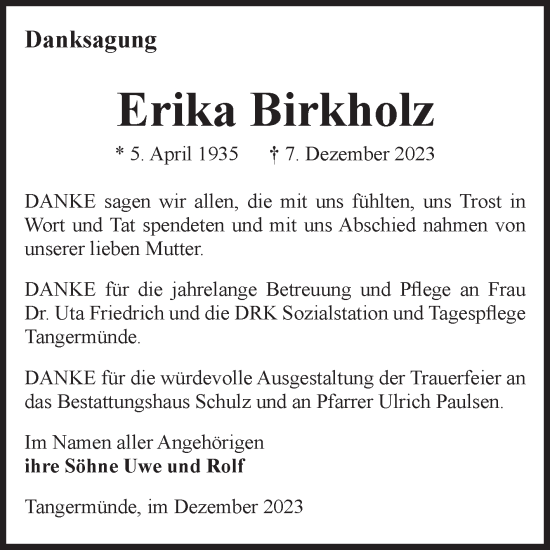 Traueranzeige von Erika Birkholz von Volksstimme Altmark Ost