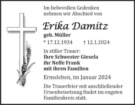 Traueranzeige von Erika Damitz von Trauerkombi Quedlinburg
