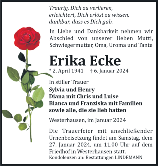 Traueranzeige von Erika Ecke von Trauerkombi Quedlinburg