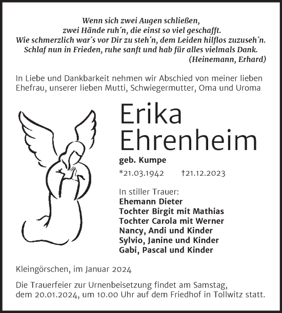 Traueranzeige von Erika Ehrenheim von Trauerkombi Weißenfels