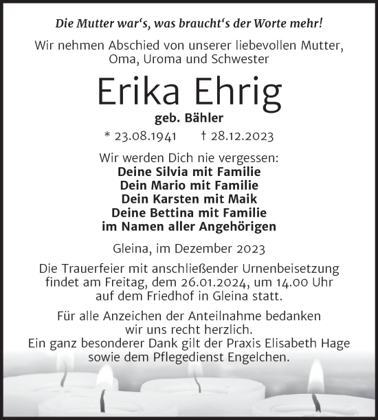 Traueranzeige von Erika Ehrig von Wochenspiegel Naumburg/Nebra