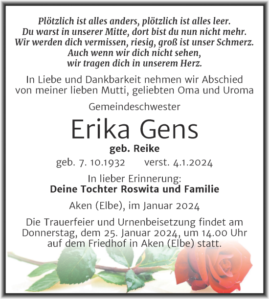 Traueranzeige von Erika Gens von Trauerkombi Köthen