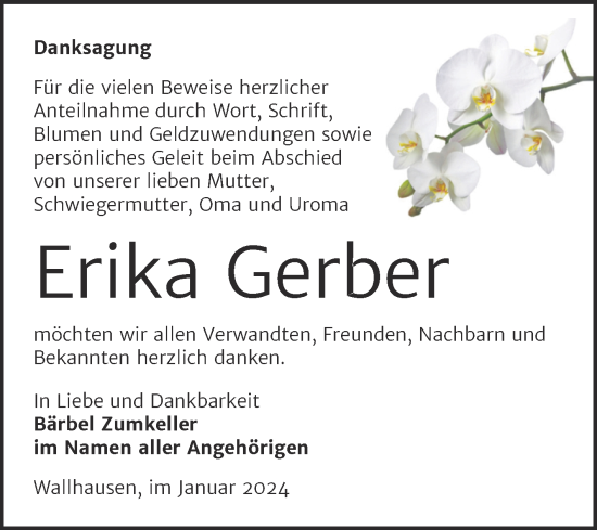 Traueranzeige von Erika Gerber von Trauerkombi Sangerhausen