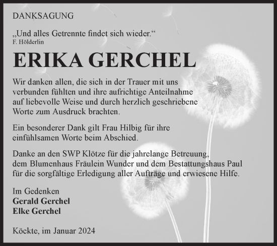 Traueranzeige von Erika Gerchel von Volksstimme Altmark West