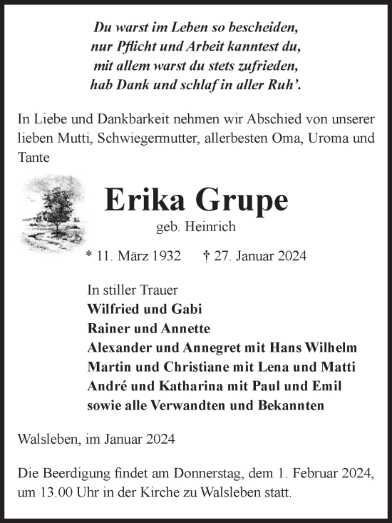 Traueranzeige von Erika Grupe von Volksstimme Altmark Ost
