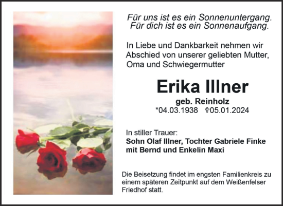 Traueranzeige von Erika Illner von Trauerkombi Weißenfels