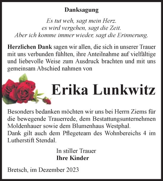Traueranzeige von Erika Lunkwitz von Volksstimme Altmark Ost