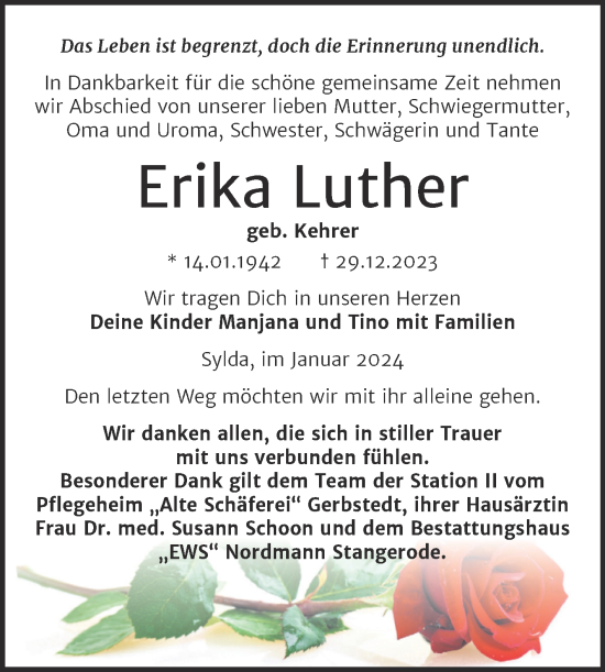 Traueranzeige von Erika Luther von Trauerkombi Mansfelder Land