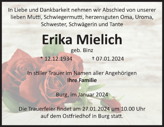 Traueranzeige von Erika Mielich von Volksstimme Burg/Genthin