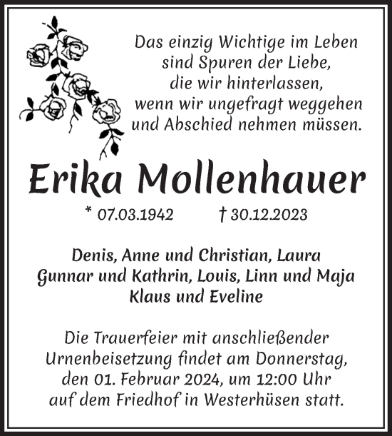 Traueranzeige von Erika Mollenhauer von Volksstimme Magdeburg