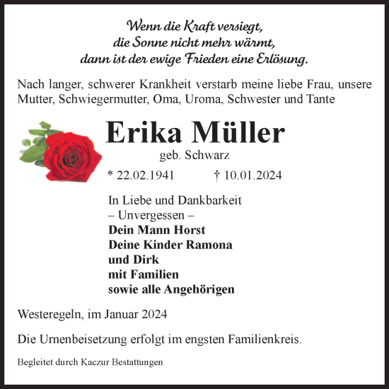 Traueranzeige von Erika Müller von Volksstimme Staßfurt