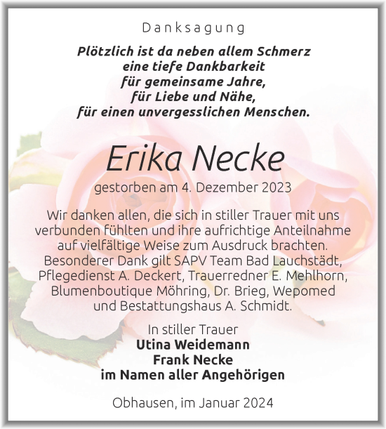 Traueranzeige von Erika Necke von Trauerkombi Merseburg