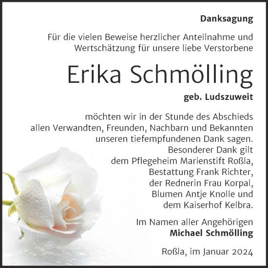 Traueranzeige von Erika Schmölling von Trauerkombi Sangerhausen