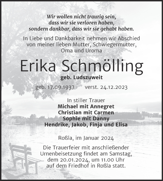 Traueranzeige von Erika Schmölling von Trauerkombi Sangerhausen