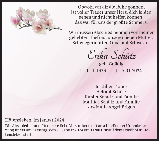 Traueranzeige von Erika Schütz von Volksstimme Oschersleben/Wanzleben