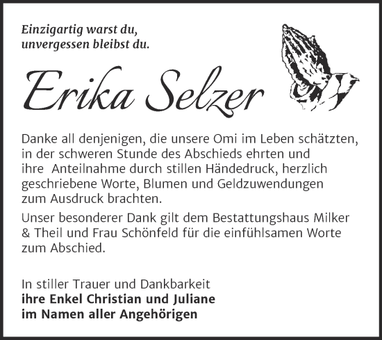 Traueranzeige von Erika Selzer von Trauerkombi Zeitz