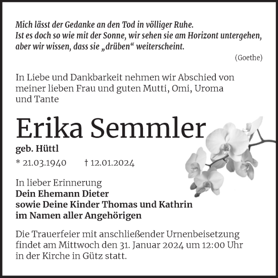 Traueranzeige von Erika Semmler von Mitteldeutsche Zeitung Halle/Saalkreis