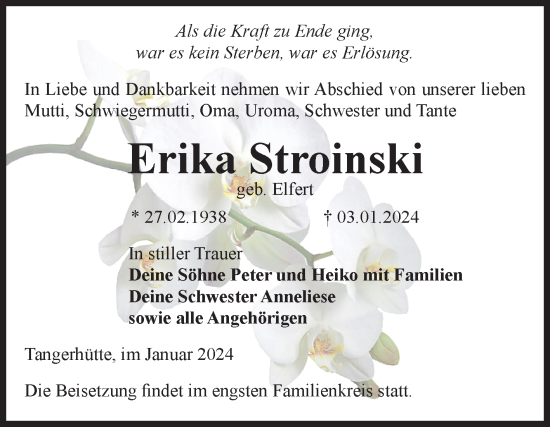 Traueranzeige von Erika Stroinski von Volksstimme Altmark Ost