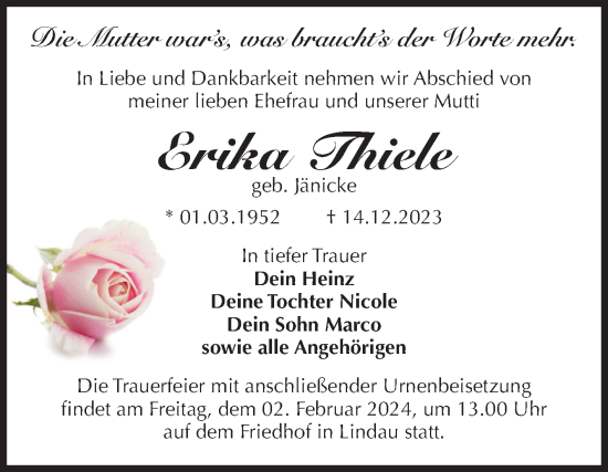 Traueranzeige von Erika Thiele von Volksstimme Zerbst