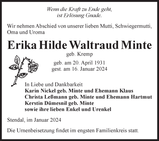Traueranzeige von Erika Hilde Waltraud Minte von Volksstimme Altmark Ost