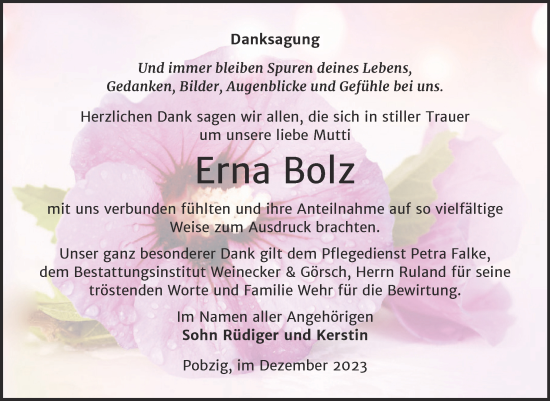 Traueranzeige von Erna Bolz von Trauerkombi Bernburg
