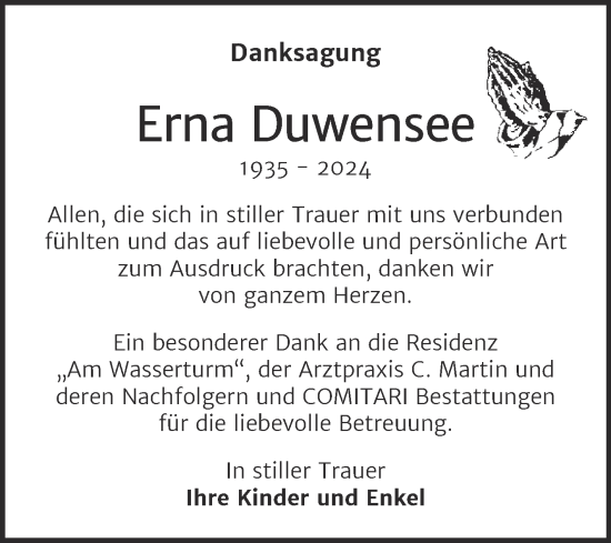 Traueranzeige von Erna Duwensee von Trauerkombi Weißenfels