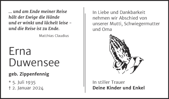 Traueranzeige von Erna Duwensee von Trauerkombi Weißenfels