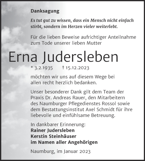Traueranzeige von Erna Judersleben von Wochenspiegel Naumburg/Nebra