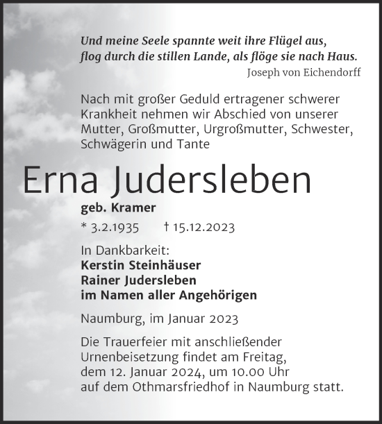 Traueranzeige von Erna Judersleben von Wochenspiegel Naumburg/Nebra