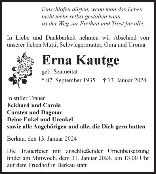 Traueranzeige von Erna Kautge von Volksstimme Altmark Ost