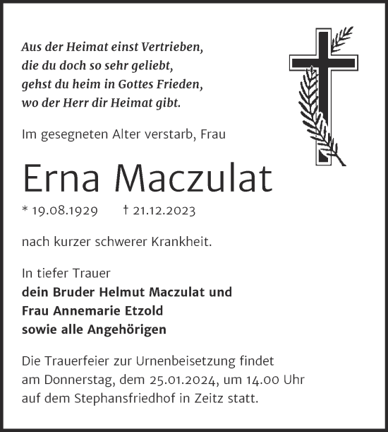 Traueranzeige von Erna Maczulat von Trauerkombi Zeitz