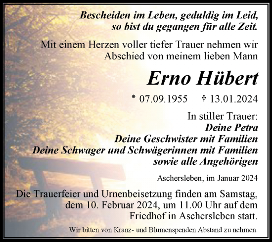 Traueranzeige von Erno Hübert von Trauerkombi Aschersleben