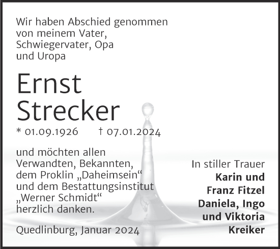 Traueranzeige von Ernst Strecker von Trauerkombi Quedlinburg