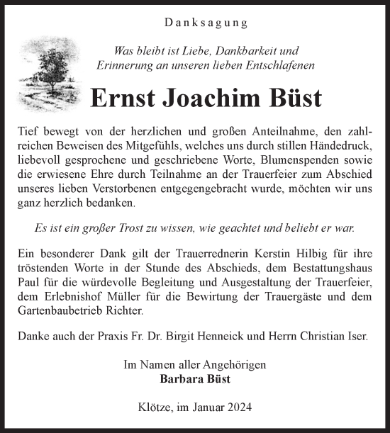 Traueranzeige von Ernst Joachim Büst von Volksstimme Altmark West