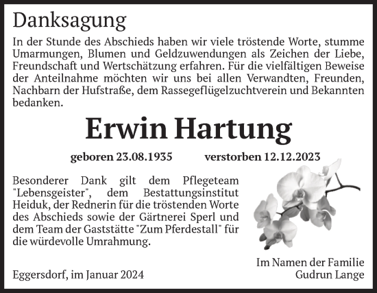 Traueranzeige von Erwin Hartung von Volksstimme Schönebeck