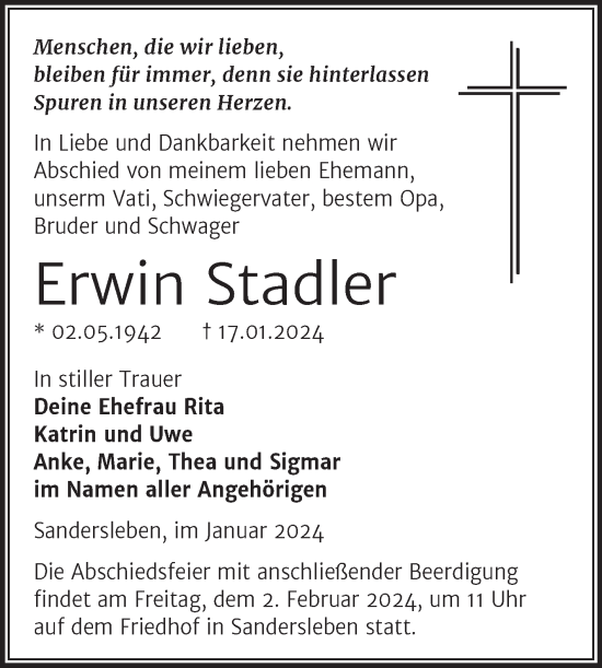 Traueranzeige von Erwin Stadler von Trauerkombi Mansfelder Land