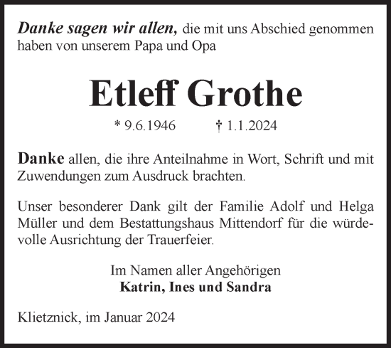 Traueranzeige von Etleff Grothe von Volksstimme Burg/Genthin