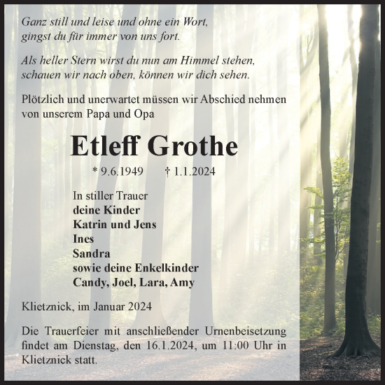 Traueranzeige von Etleff Grothe von Volksstimme Burg/Genthin