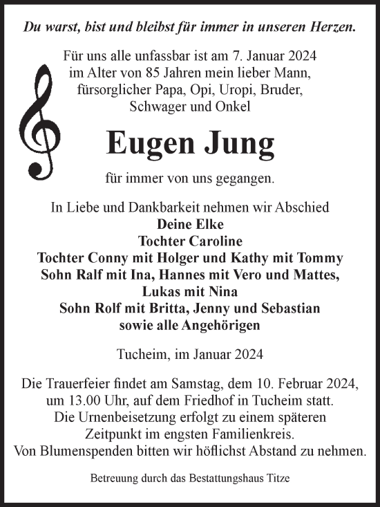 Traueranzeige von Eugen Jung von Volksstimme Burg/Genthin