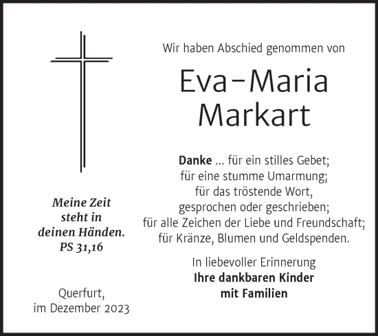 Traueranzeige von Eva-Maria Markart von Trauerkombi Merseburg