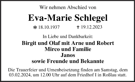 Traueranzeige von Eva-Marie Schlegel von Trauerkombi Dessau